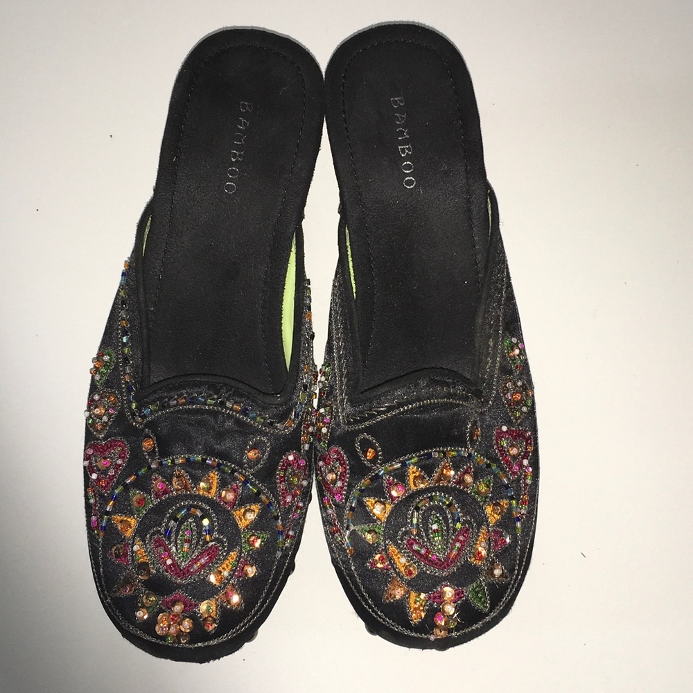 BAMBOO Black Beaded Embellished Slip-On Mules